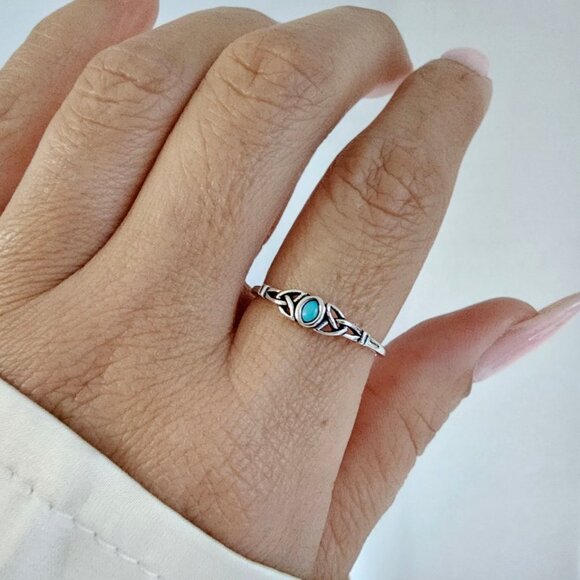 Women's 925 Sterling Silver Turquoise Celtic Ring Tiny Dainty Celtic Stone Ring - Picture 2 of 10